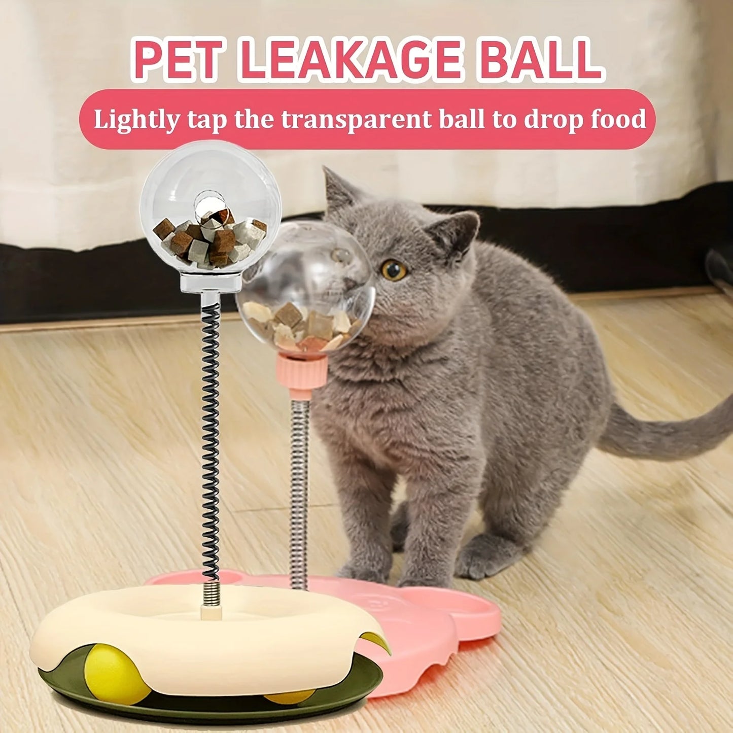 Turntable Cat Toy with Treat Dispensing Ball, 3-in-1 Self-Entertainment for Cats, Educational Slow-Feeding Toy Ball, Cat Teaser Wand Combined with Turntable, Spring Treat Dispensing Ball, Cat Pet Supplies