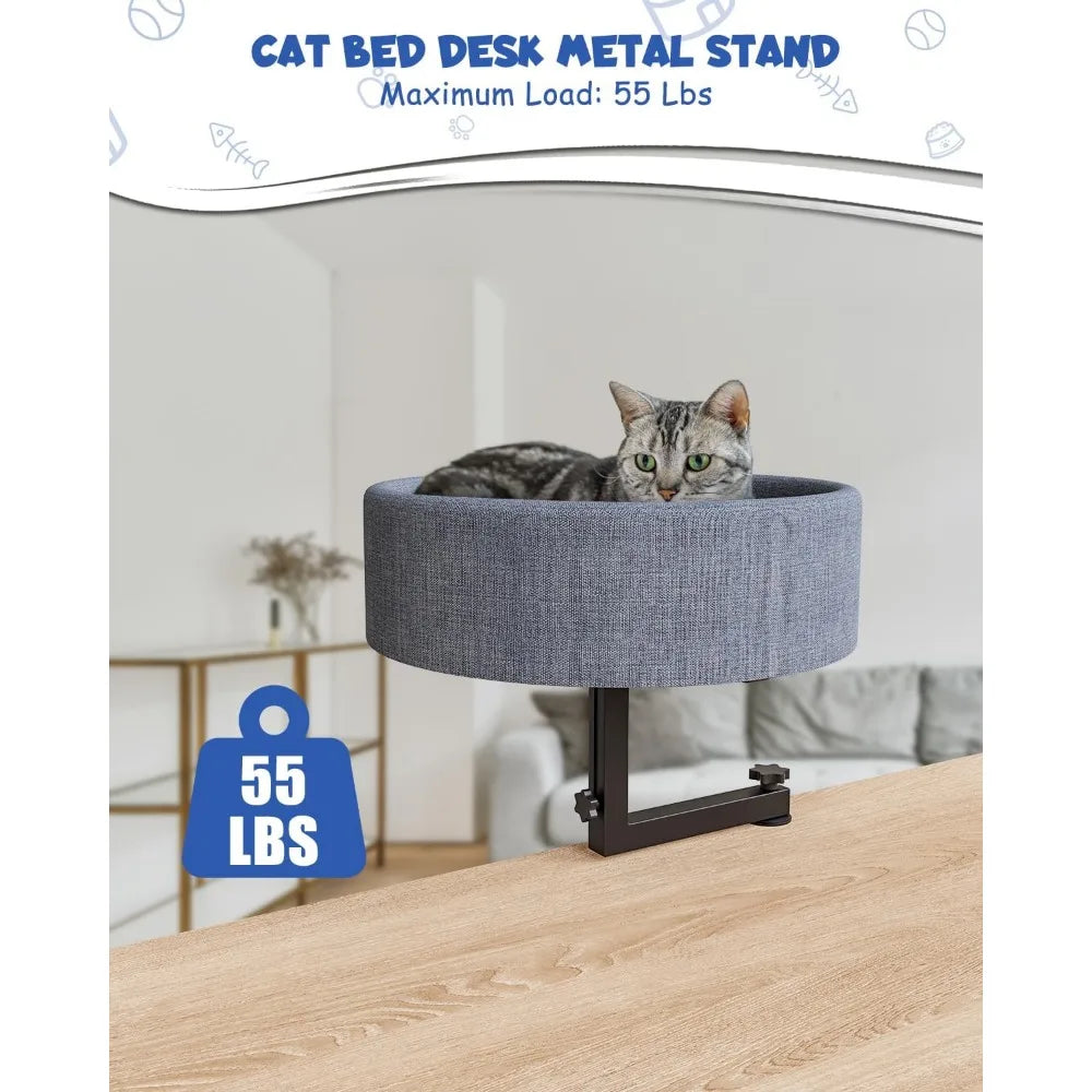 Cat Desk Bed, 360° Rotating Elevated Desk Cat Bed, Adjustable Desk Kitten Bed Up to 55 LBS, Washable Soft Fabric Pet Desks Nest