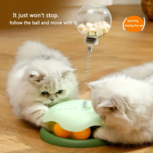 Turntable Cat Toy with Treat Dispensing Ball, 3-in-1 Self-Entertainment for Cats, Educational Slow-Feeding Toy Ball, Cat Teaser Wand Combined with Turntable, Spring Treat Dispensing Ball, Cat Pet Supplies