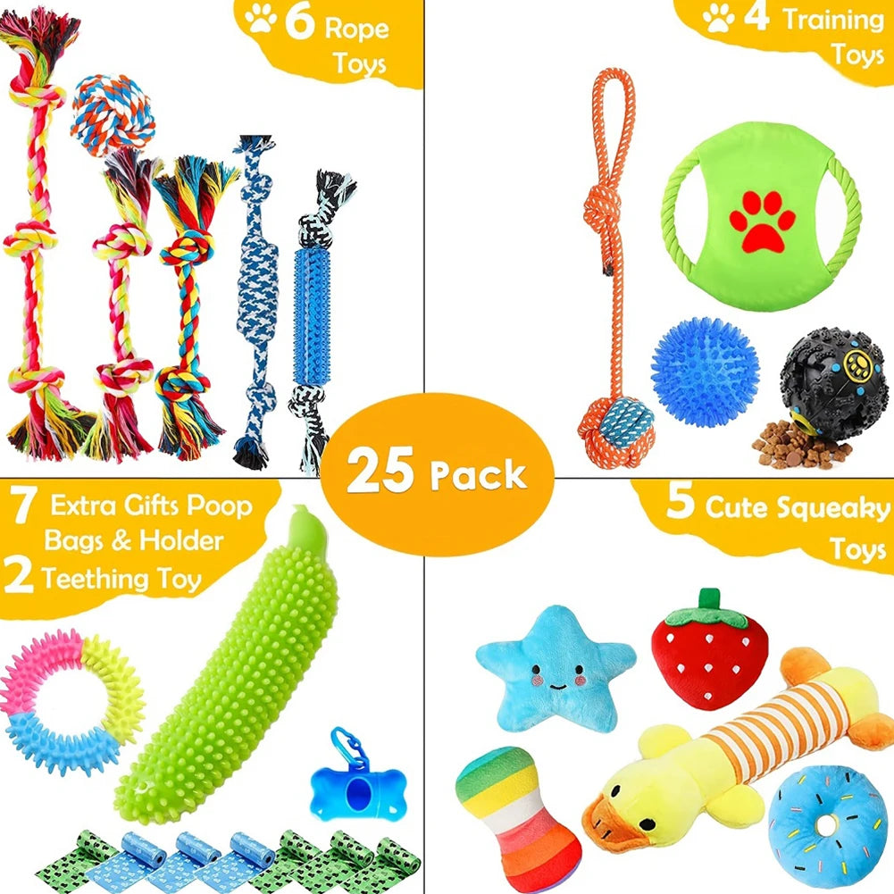 25PCS Various Puppy Dog Toys for Teething Entertainment & Interaction Puppy Chew Toys Pack with Rope Toy for Puppies & Small Dog