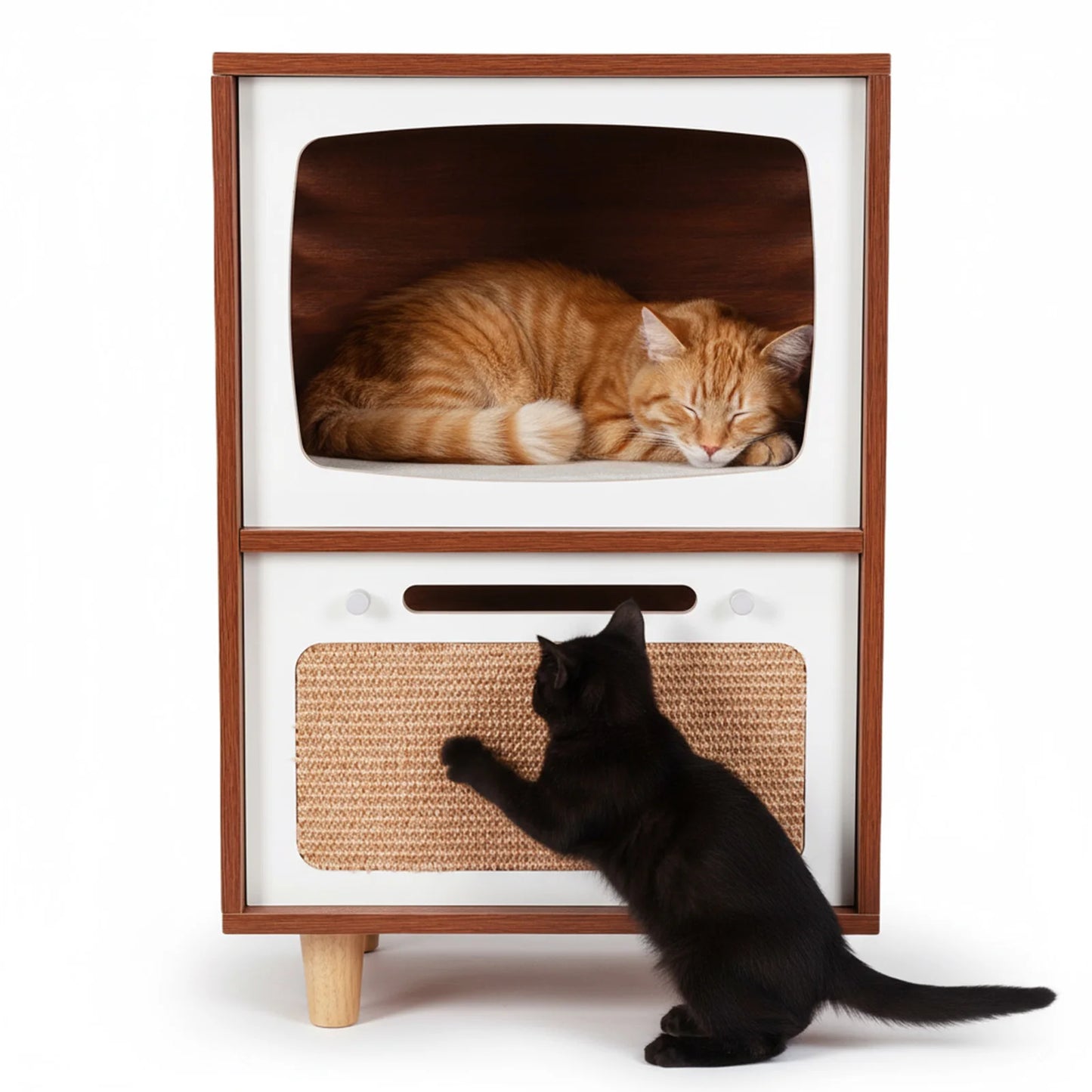 Retro TV-Style 2-Tier Cat Activity Center with Scratching Board Novelty Cat Bed Breathable for Pet Playground Small Nest