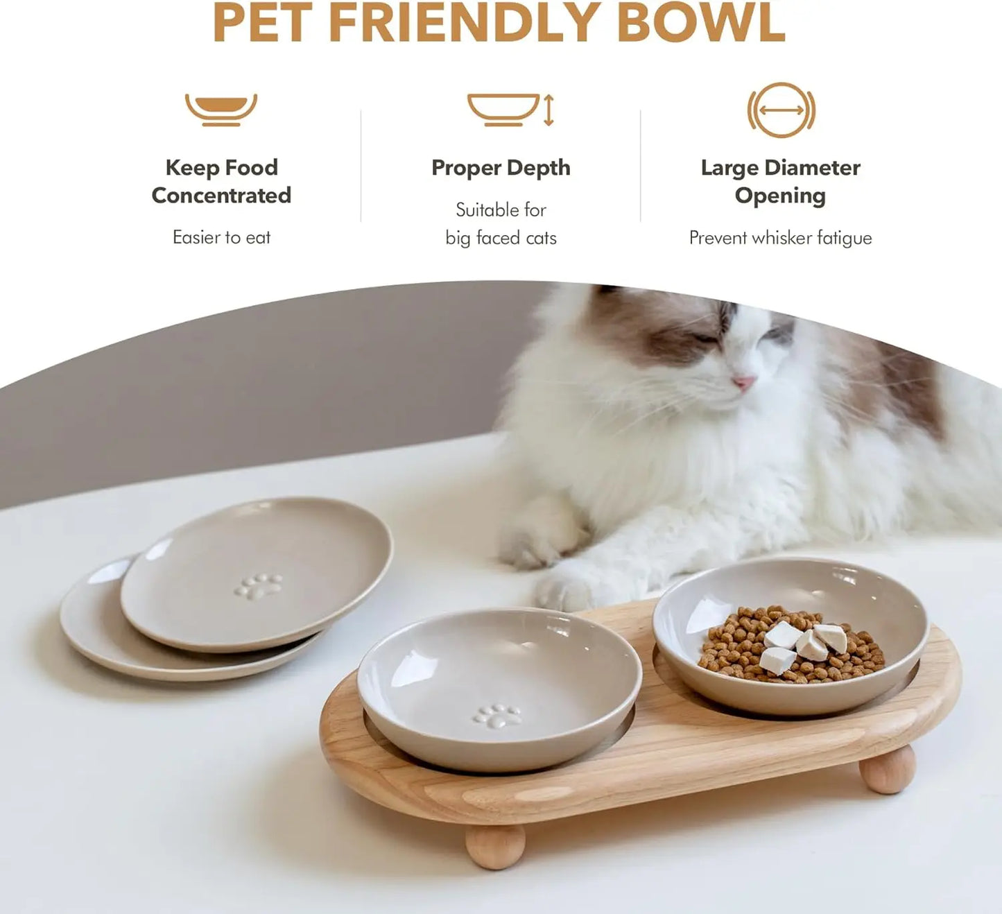 Raised Ceramic Cat Dishes, 2-in-1 Food & Water Bowl Set with Adjustable Stand, Anti-Fatigue Design