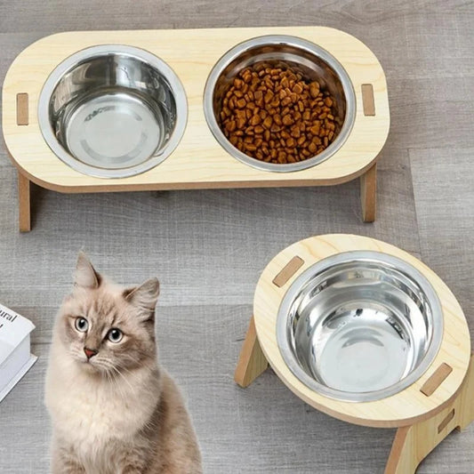 【NN71】2-In-1 Cat And Dog Feeding Bowls Anti-tip Bowls Stainless Steel Pet Bowls With Wooden Supports Neck Protection Design
