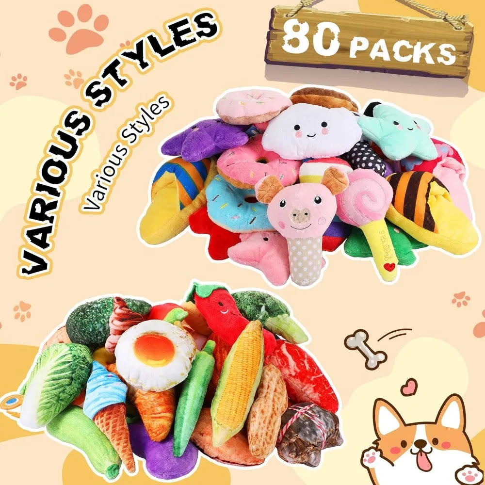 Hungdao 80 Pcs Dog Squeaky Toys Bulk for Small Puppy Dog Stuffed Plush Chew Toys Small Medium Dogs PET Toys with Squeakers for P