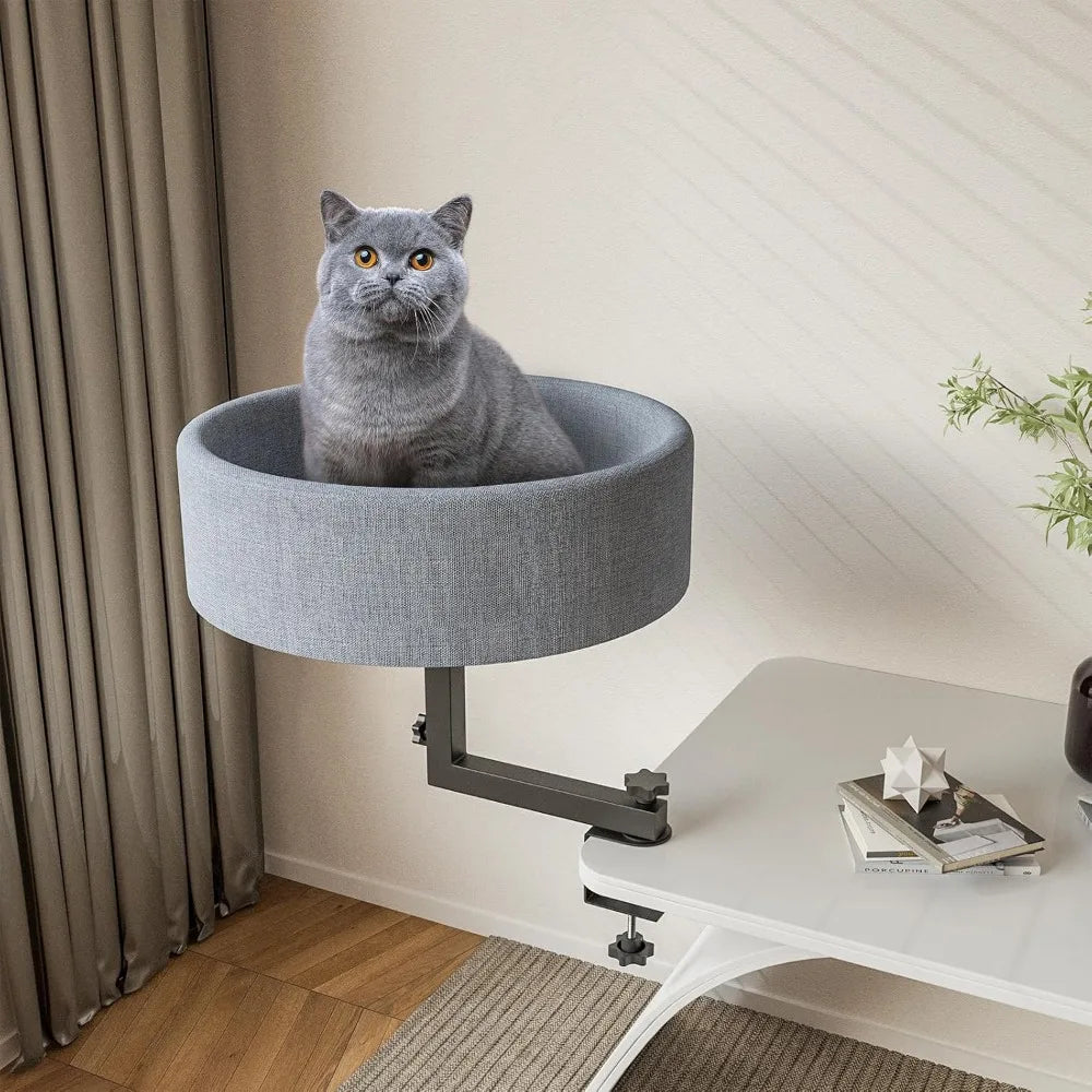 Cat Desk Bed, 360° Rotating Elevated Desk Cat Bed, Adjustable Desk Kitten Bed Up to 55 LBS, Washable Soft Fabric Pet Desks Nest