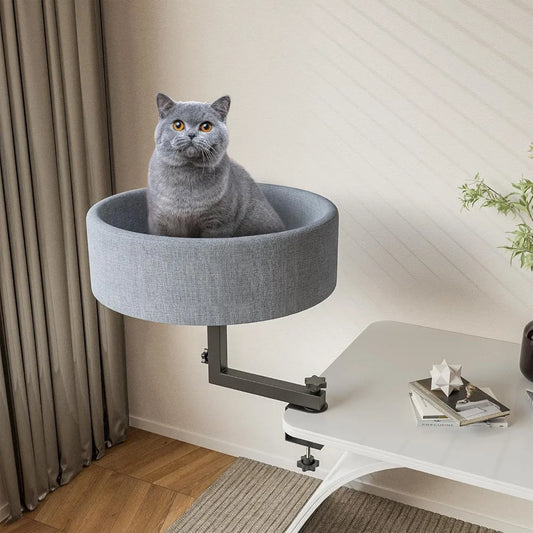 Cat Desk Bed, 360° Rotating Elevated Desk Cat Bed, Adjustable Desk Kitten Bed Up to 55 LBS, Washable Soft Fabric Pet Desks Nest