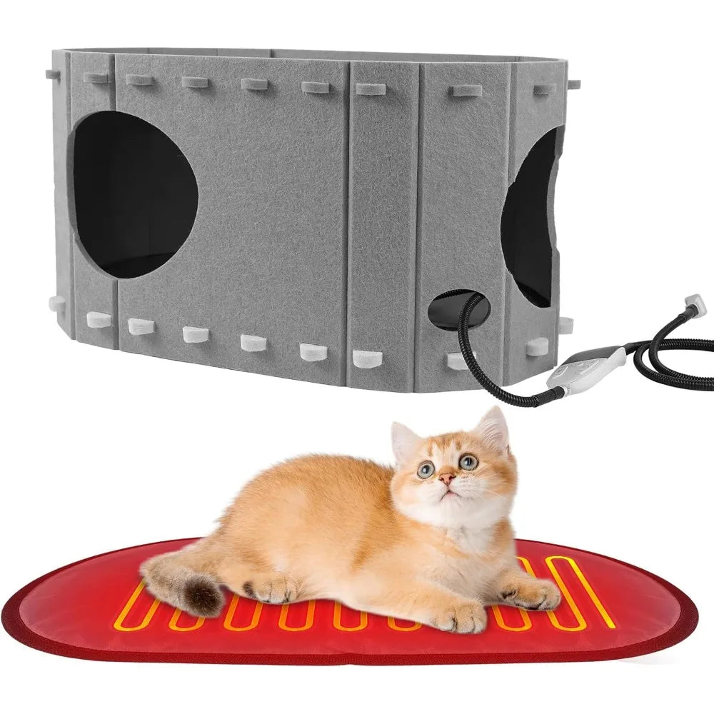 Heated Cat House for Indoor Cats,with Timer & Temp Adjustable Pet Heating Pad Bed Included,Large Foldable Cat Houses & Condos