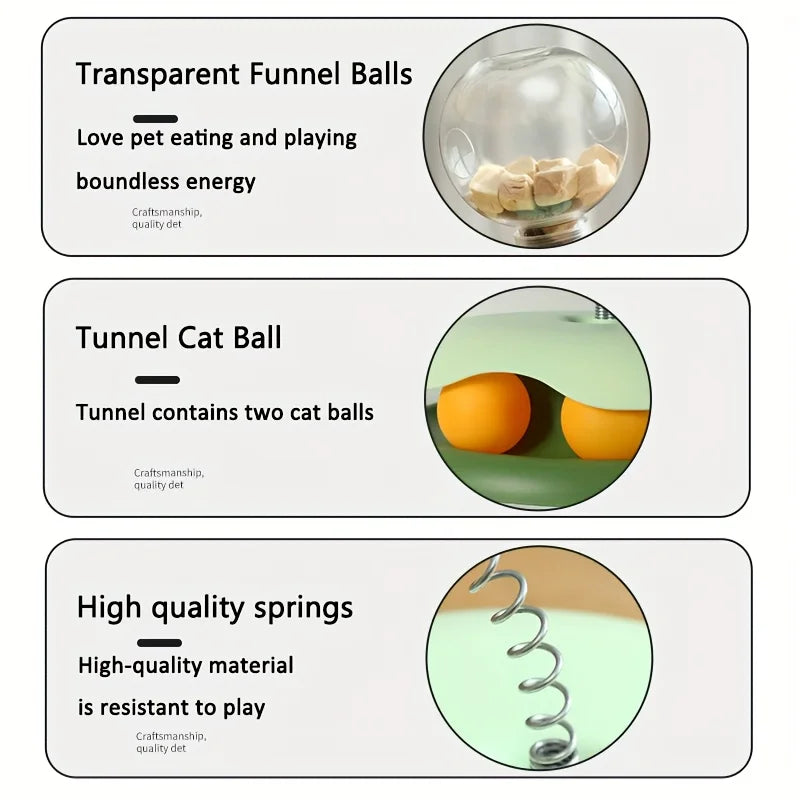 Turntable Cat Toy with Treat Dispensing Ball, 3-in-1 Self-Entertainment for Cats, Educational Slow-Feeding Toy Ball, Cat Teaser Wand Combined with Turntable, Spring Treat Dispensing Ball, Cat Pet Supplies