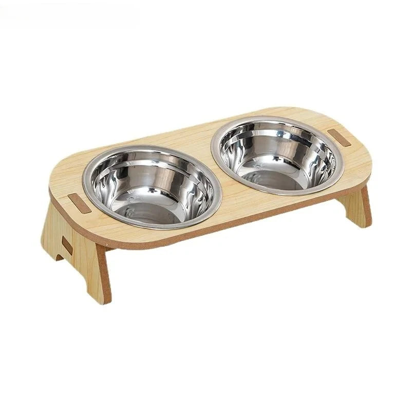 【NN71】2-In-1 Cat And Dog Feeding Bowls Anti-tip Bowls Stainless Steel Pet Bowls With Wooden Supports Neck Protection Design