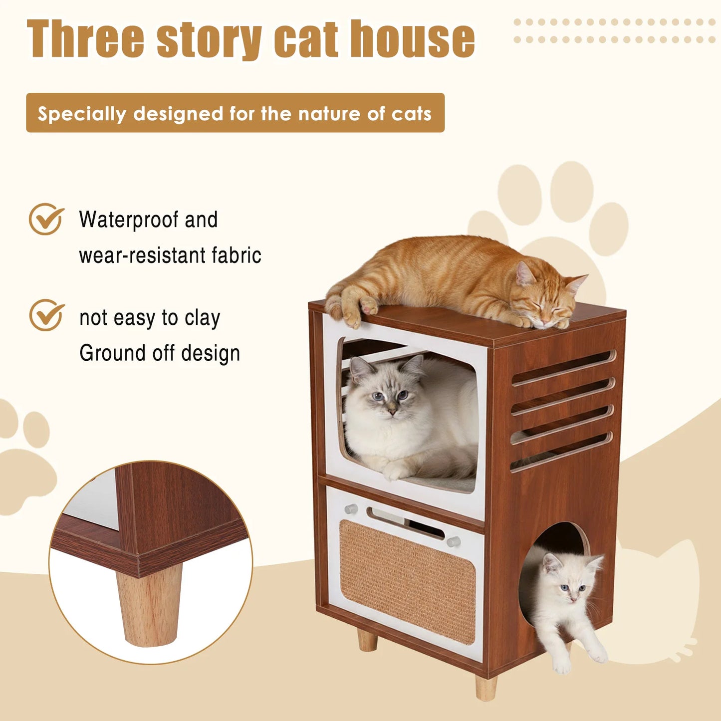 Retro TV-Style 2-Tier Cat Activity Center with Scratching Board Novelty Cat Bed Breathable for Pet Playground Small Nest