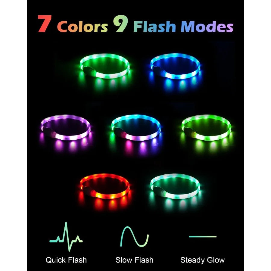 Light Up Dog Collar Rainproof and Rechargeable LED 9 Flashing Modes Glow for Night Walking Cuttable Soft Silicone Collar for La