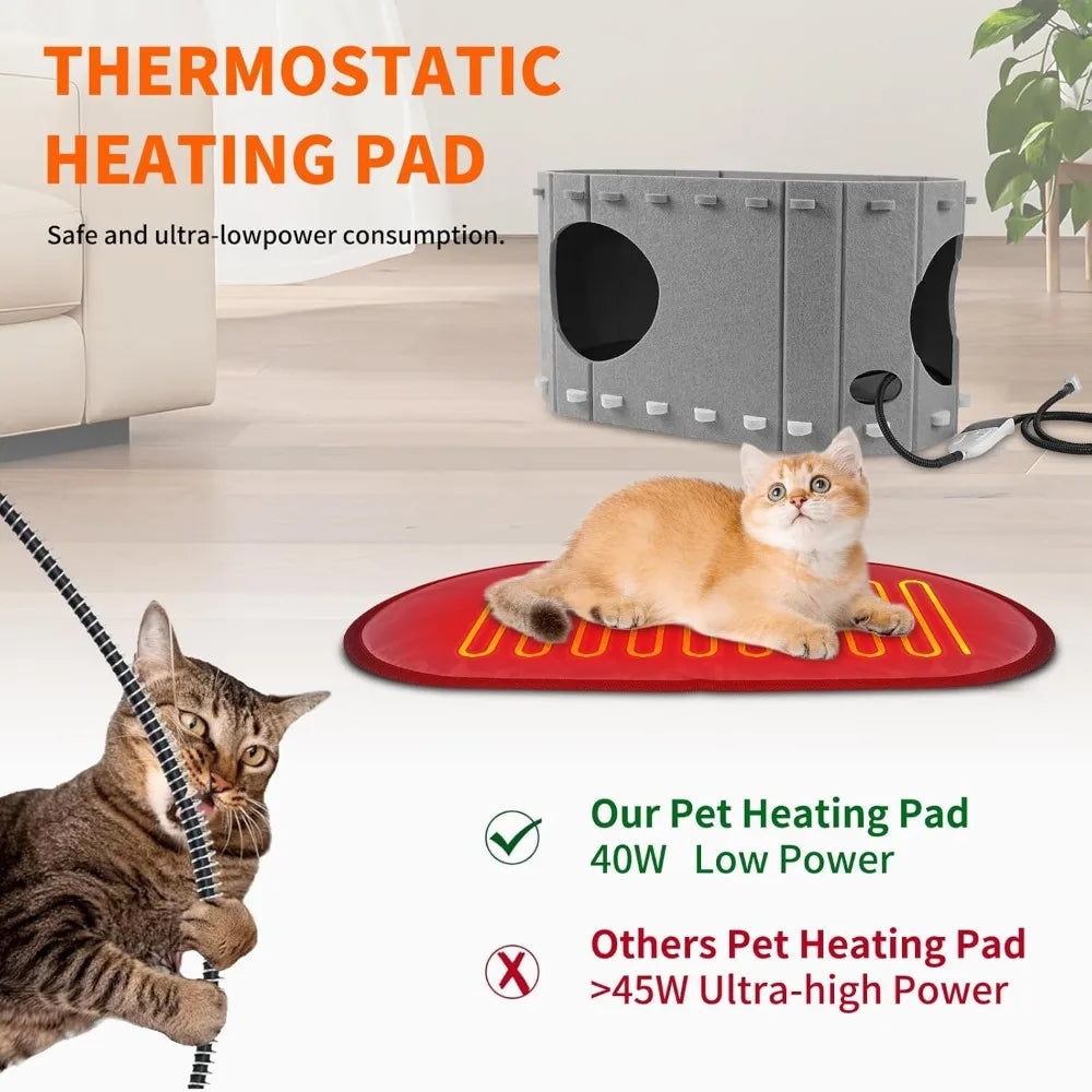 Heated Cat House for Indoor Cats,with Timer & Temp Adjustable Pet Heating Pad Bed Included,Large Foldable Cat Houses & Condos