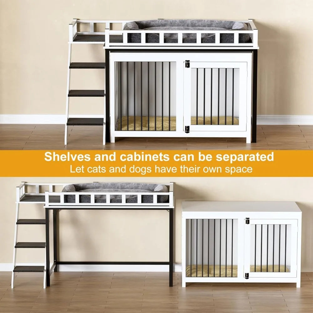 Loft-Style Dog Crate Furniture with Double Doors, Heavy Duty Dog Kennel Indoor for Medium and Large Dogs, Wooden Pet House