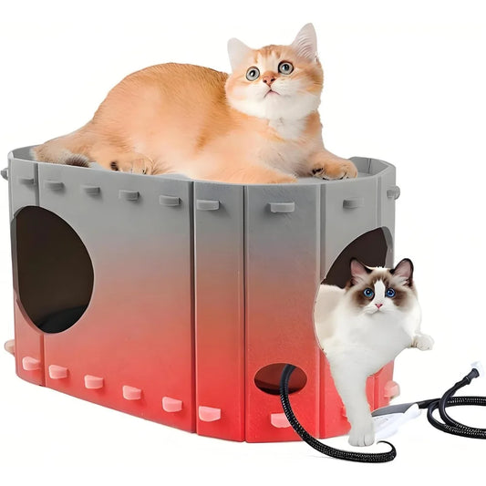 Heated Cat House for Indoor Cats,with Timer & Temp Adjustable Pet Heating Pad Bed Included,Large Foldable Cat Houses & Condos