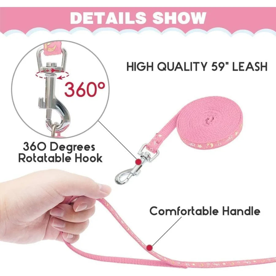 Escape Proof Adjustable HShaped Cat Harness with Leash and Collar Set Featuring Star and Moon Pattern Glow in the Dark Design I