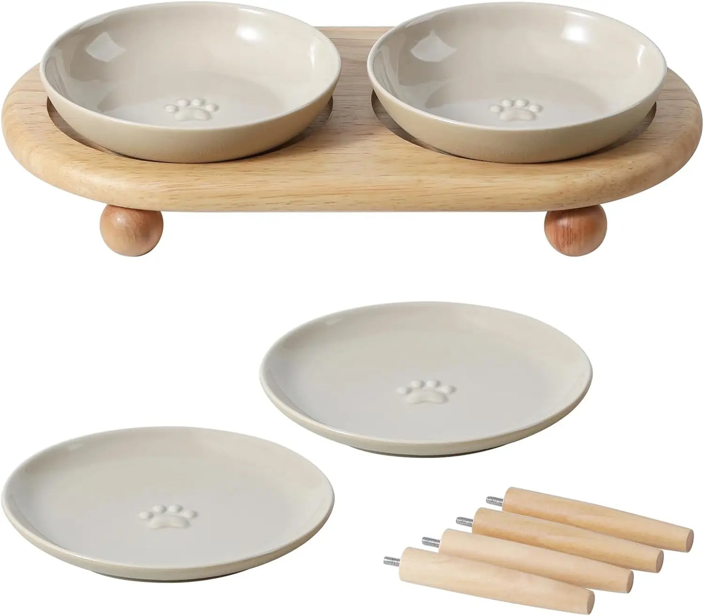 Raised Ceramic Cat Dishes, 2-in-1 Food & Water Bowl Set with Adjustable Stand, Anti-Fatigue Design