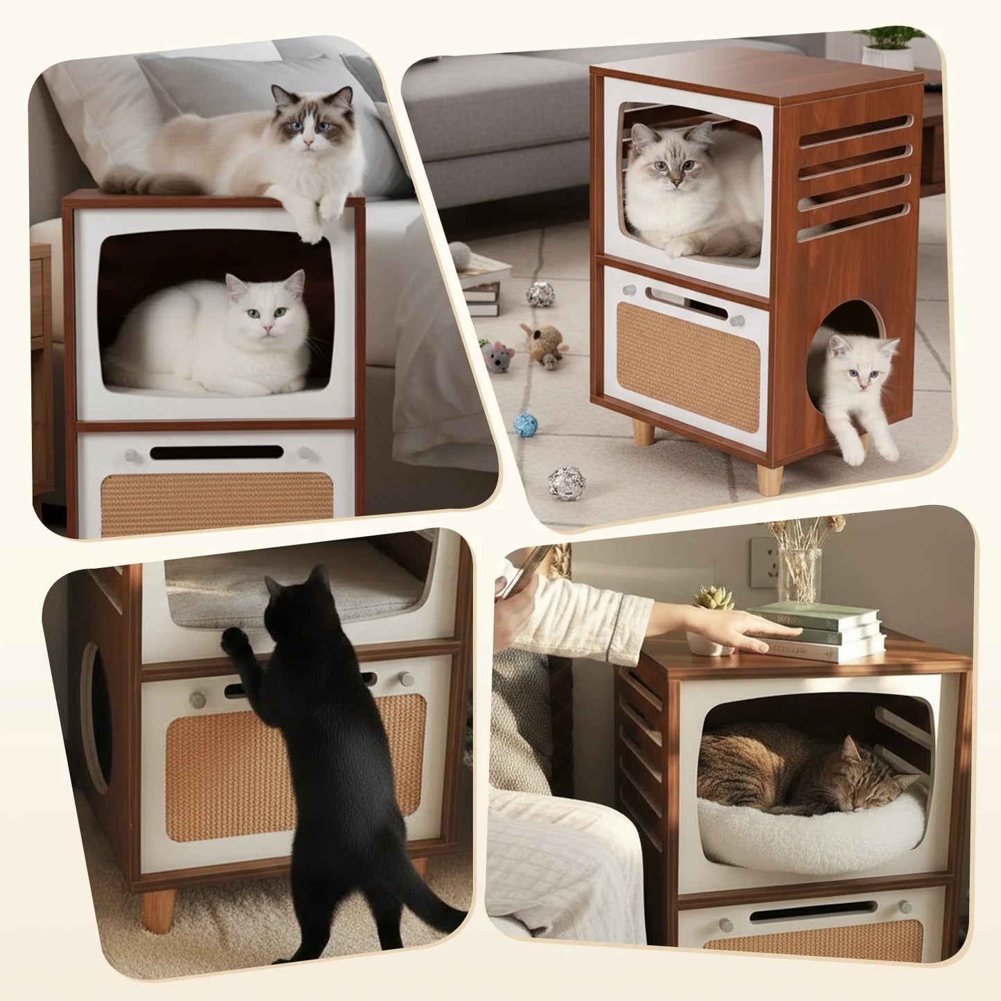 Retro TV-Style 2-Tier Cat Activity Center with Scratching Board Novelty Cat Bed Breathable for Pet Playground Small Nest