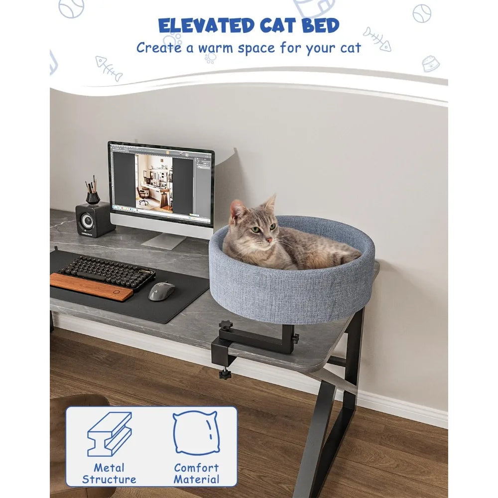 Cat Desk Bed, 360° Rotating Elevated Desk Cat Bed, Adjustable Desk Kitten Bed Up to 55 LBS, Washable Soft Fabric Pet Desks Nest
