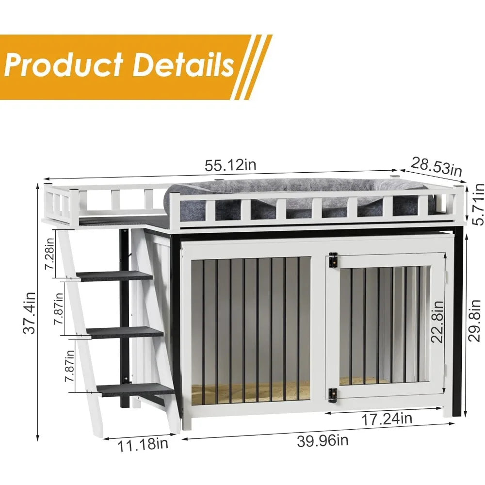 Loft-Style Dog Crate Furniture with Double Doors, Heavy Duty Dog Kennel Indoor for Medium and Large Dogs, Wooden Pet House