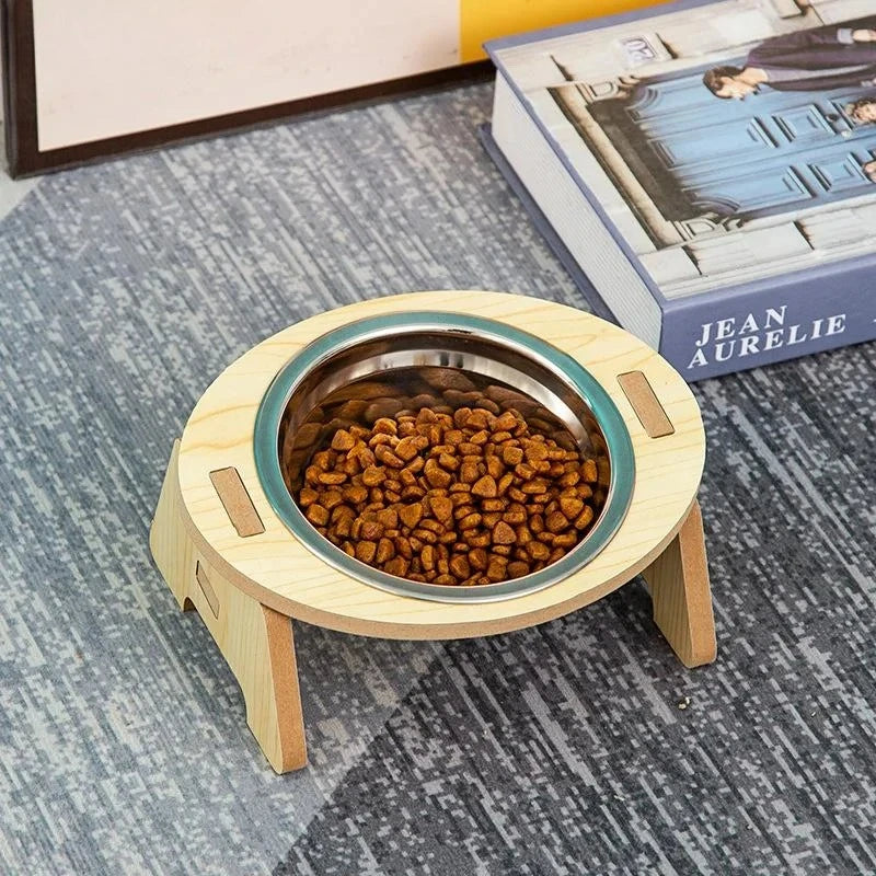 【NN71】2-In-1 Cat And Dog Feeding Bowls Anti-tip Bowls Stainless Steel Pet Bowls With Wooden Supports Neck Protection Design