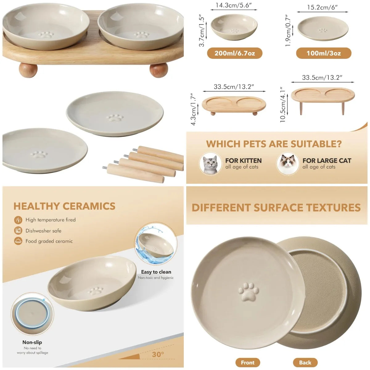Raised Ceramic Cat Dishes, 2-in-1 Food & Water Bowl Set with Adjustable Stand, Anti-Fatigue Design