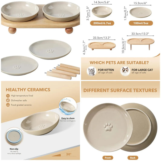 Raised Ceramic Cat Dishes, 2-in-1 Food & Water Bowl Set with Adjustable Stand, Anti-Fatigue Design