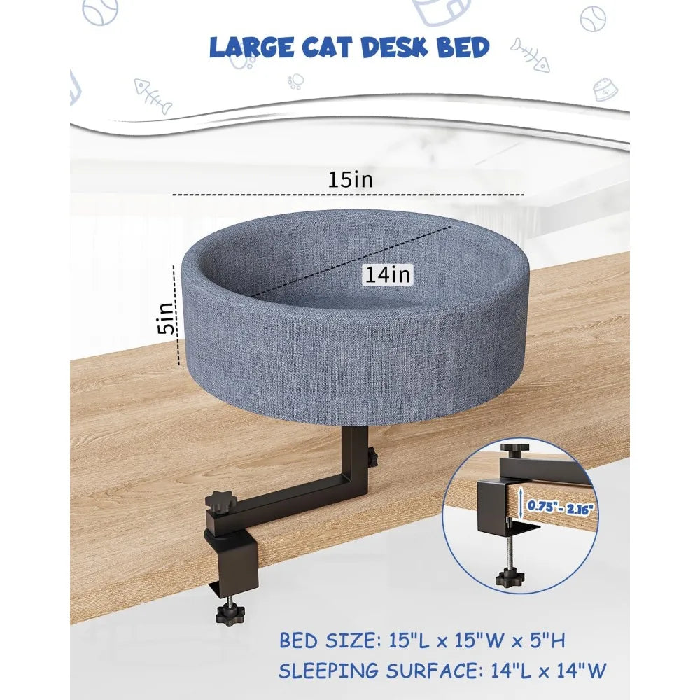 Cat Desk Bed, 360° Rotating Elevated Desk Cat Bed, Adjustable Desk Kitten Bed Up to 55 LBS, Washable Soft Fabric Pet Desks Nest