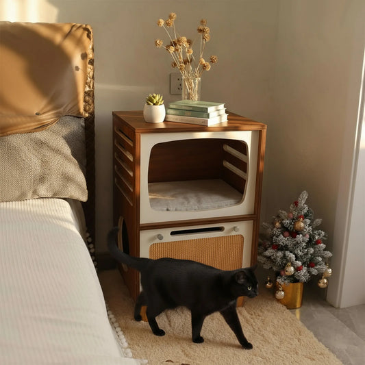 Retro TV-Style 2-Tier Cat Activity Center with Scratching Board Novelty Cat Bed Breathable for Pet Playground Small Nest