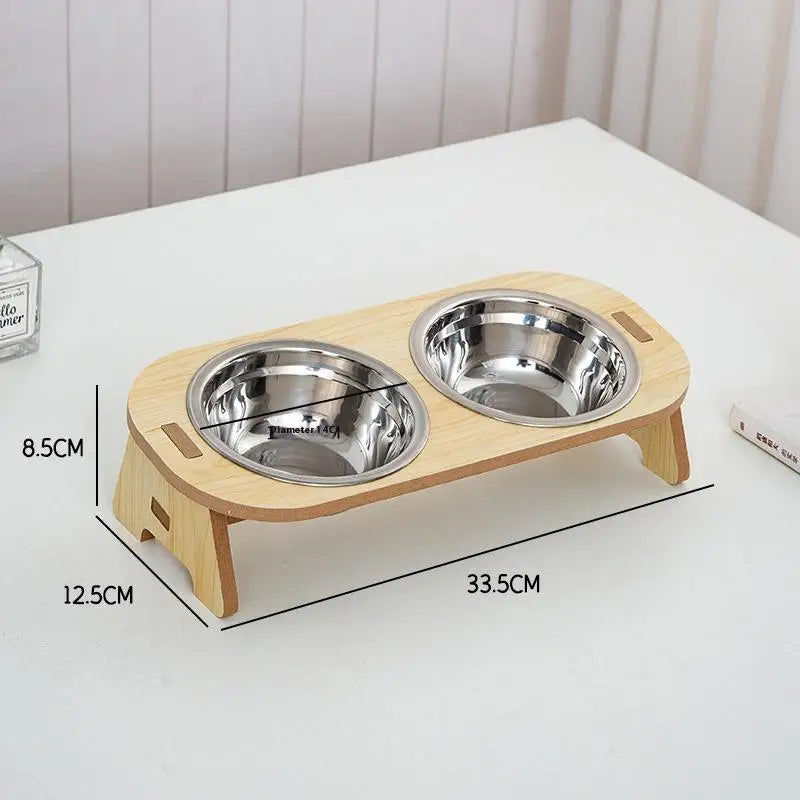 【NN71】2-In-1 Cat And Dog Feeding Bowls Anti-tip Bowls Stainless Steel Pet Bowls With Wooden Supports Neck Protection Design