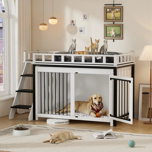 Loft-Style Dog Crate Furniture with Double Doors, Heavy Duty Dog Kennel Indoor for Medium and Large Dogs, Wooden Pet House
