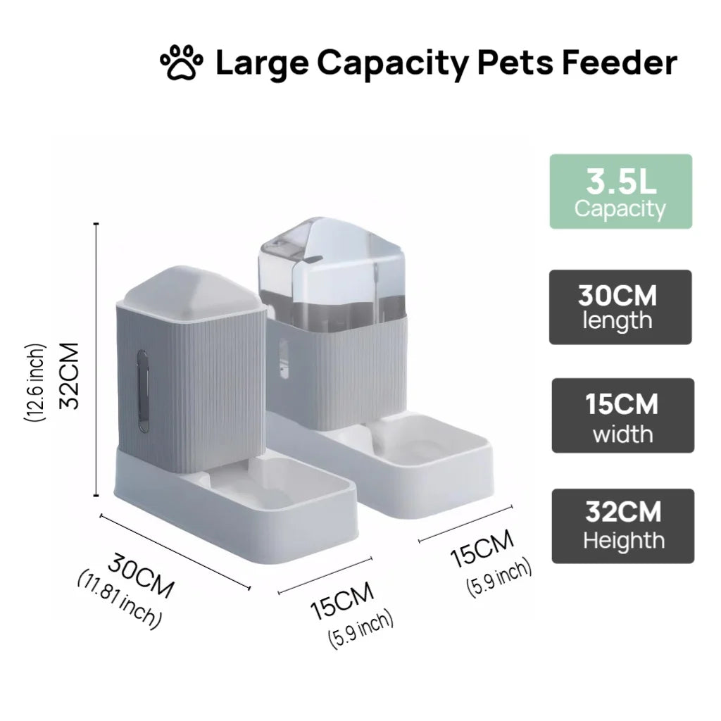 3.5L Large Capacity Automatic Dog Cat Feeder And Water Dispenser | All In One Gravity Pet Feeding Set With Removable Food Bowls